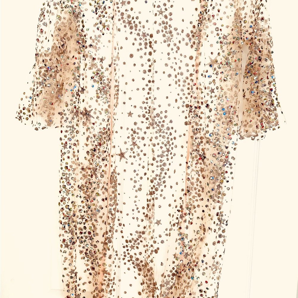 Embellished Sheer Metallic-Star Wrap Scarf - Champagne